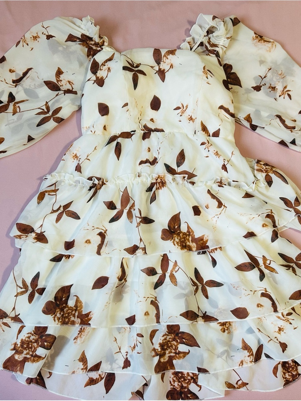 Girls White Floral Tiered Dress with Brown Leaf Print